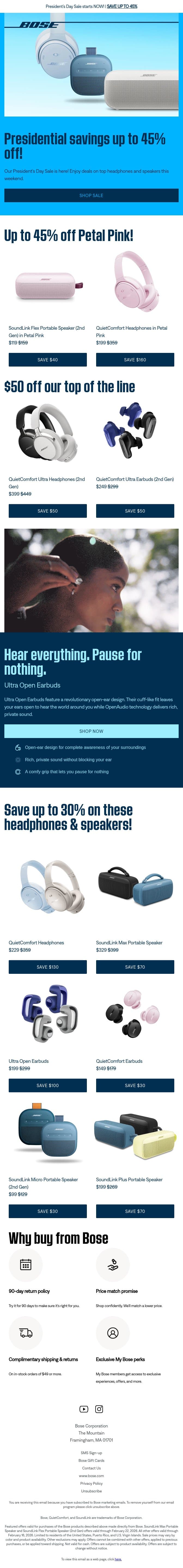 Save up to 45%! Our President’s Day Sale is here! email from Bose screenshot