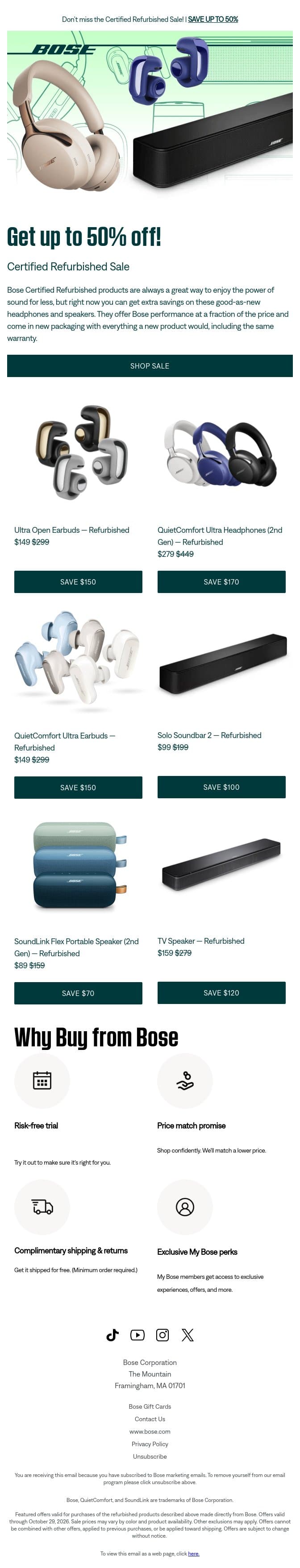 Deals up to 50% off going on now! email from Bose screenshot