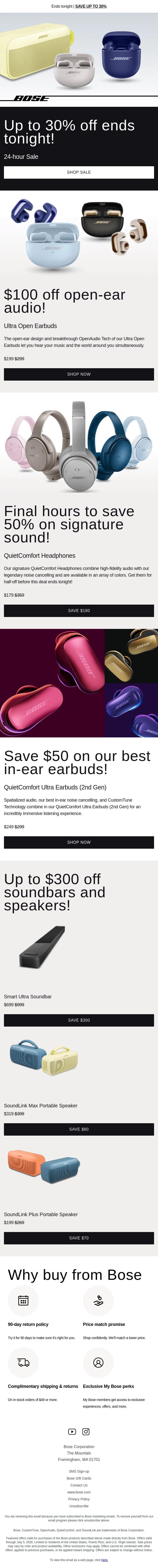 ENDS TONIGHT: save up to 30% on premium audio! email from Bose screenshot