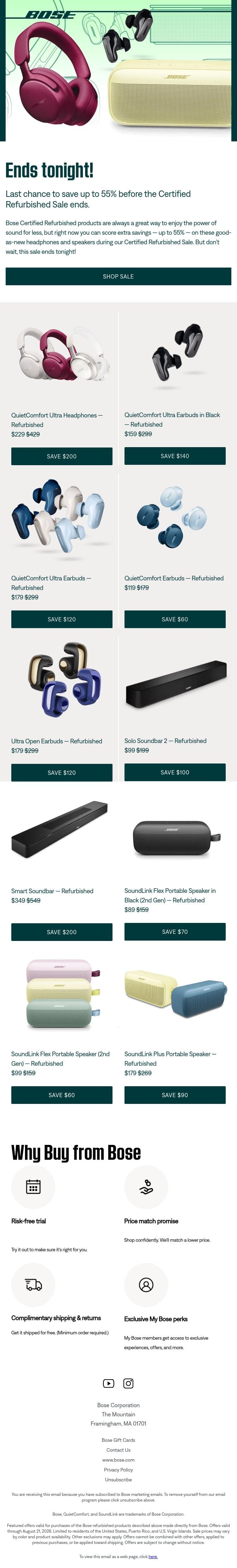 Ends tonight! Last chance to save up to 55% on refurbished. email from Bose screenshot