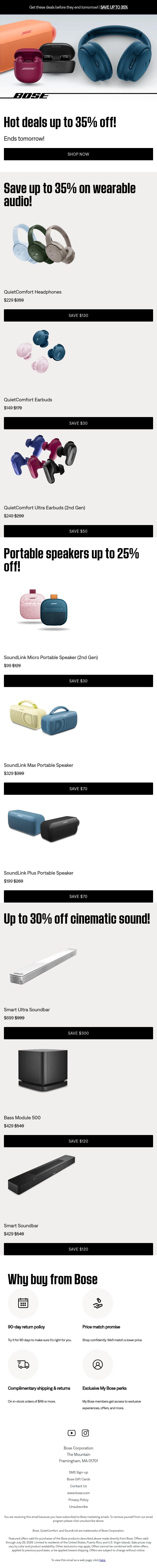 Deals up to 35% off end tomorrow! email from Bose screenshot