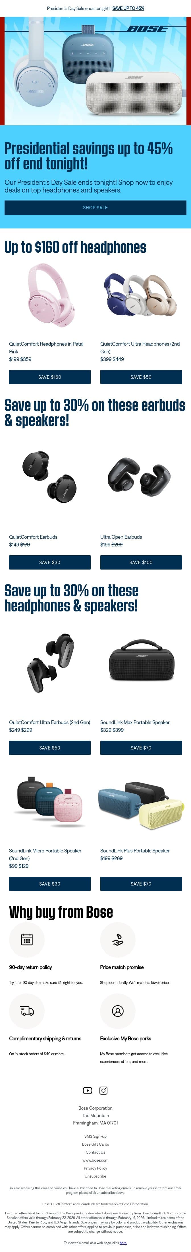 Up to 45% off ends tonight! email from Bose screenshot