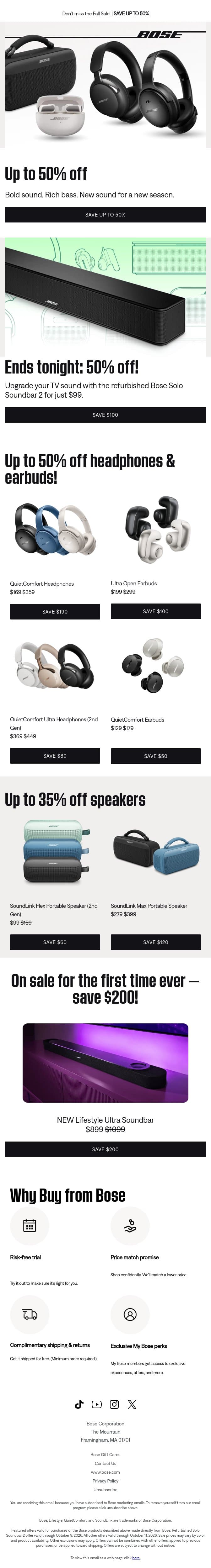 Ends tonight: 50% off Solo Soundbar 2 — Refurbished. email from Bose screenshot