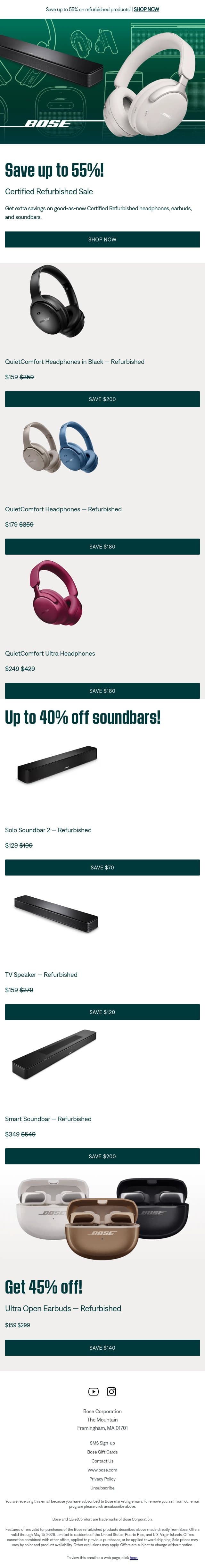 STARTS NOW: Up to 55% off refurbished products! email from Bose screenshot