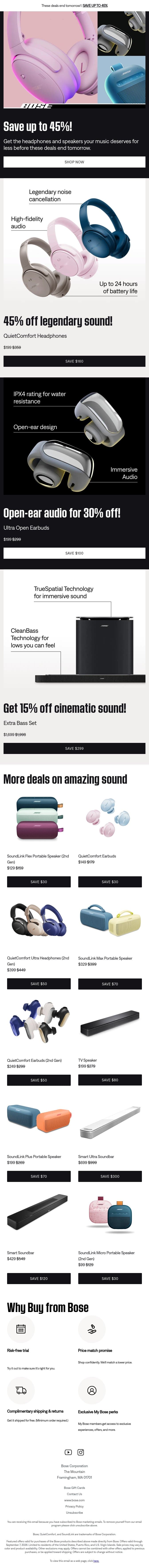 Get up to 45% off top headphones & speakers! email from Bose screenshot