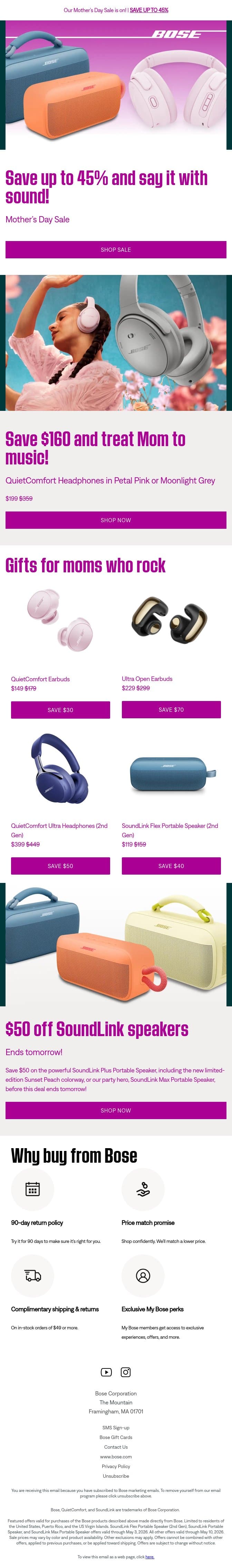 Save up to 45% and treat Mom to music! email from Bose screenshot