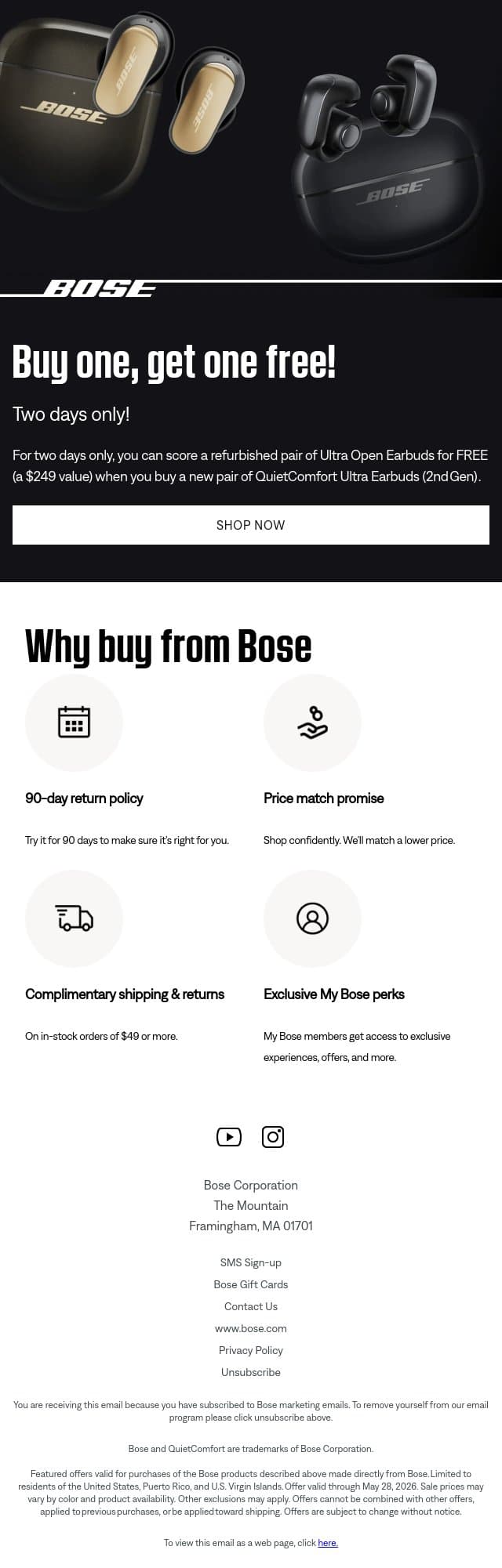 Two days only: BOGO earbuds offer! email from Bose screenshot