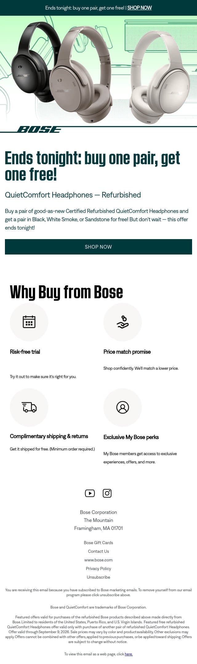BOGO QuietComfort Headphones offer ends tonight! email from Bose screenshot