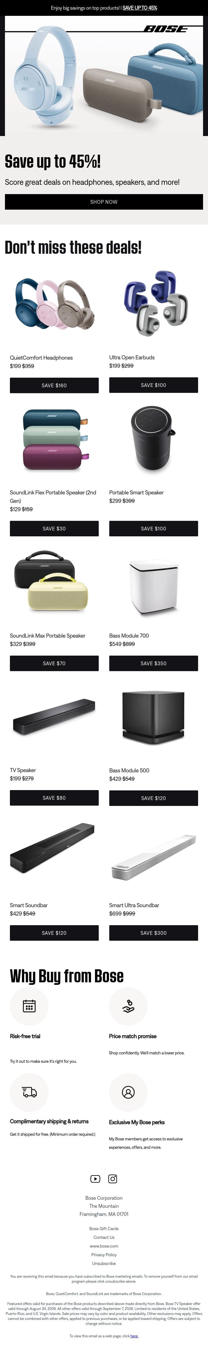 Save up to 45% on premium audio! email from Bose screenshot