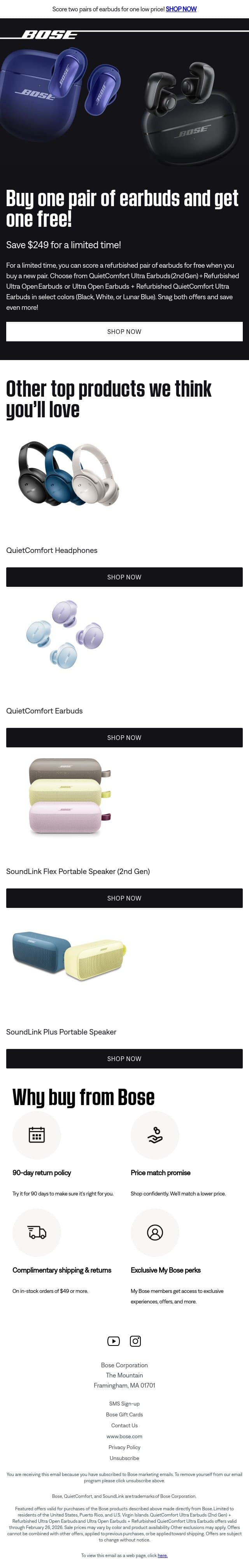 BOGO offer on earbuds — save $249! email from Bose screenshot