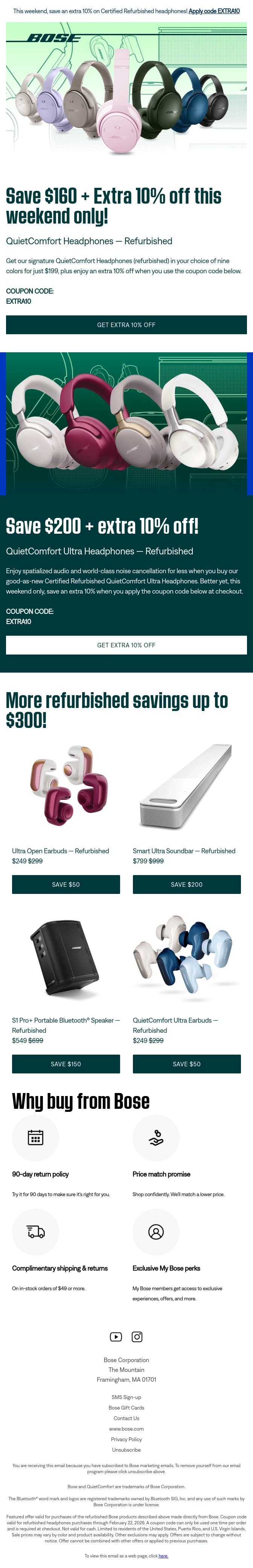 🎧 Save an EXTRA 10% on refurbished headphones! email from Bose screenshot