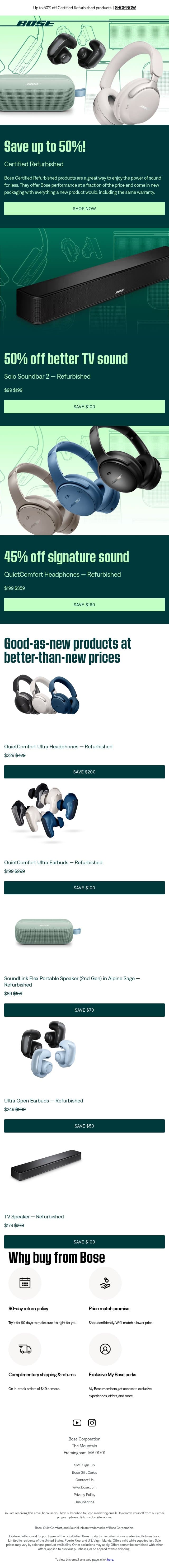 Save up to 50% on good-as-new headphones & speakers! email from Bose screenshot