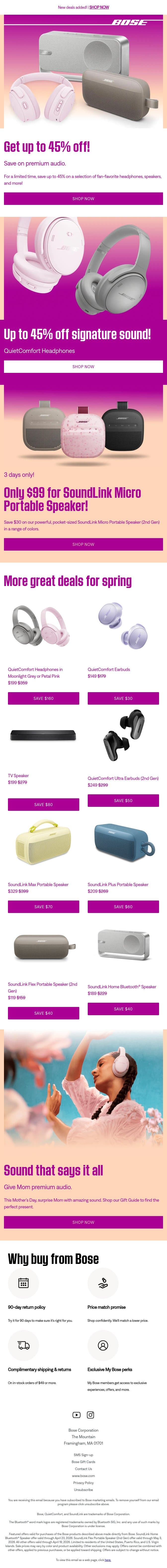 Save up to 45%! | New deals added. email from Bose screenshot