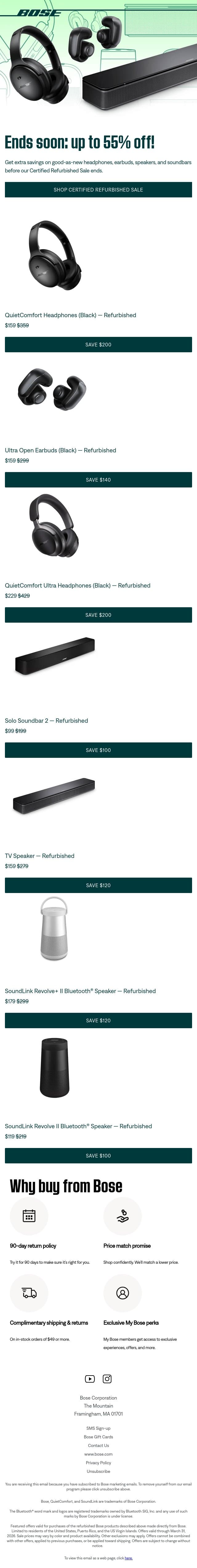 Ends soon: save up to 55% on refurbished products! email from Bose screenshot