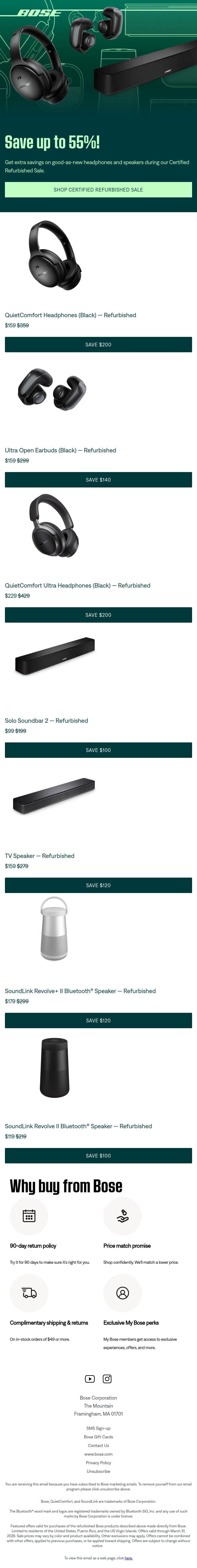 Up to 55% off refurbished products STARTS NOW. email from Bose screenshot