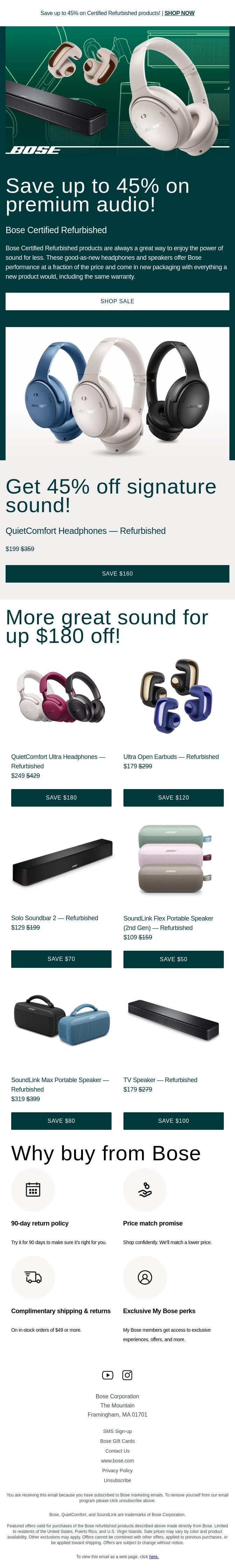 Up to 45% off refurbished products! email from Bose screenshot