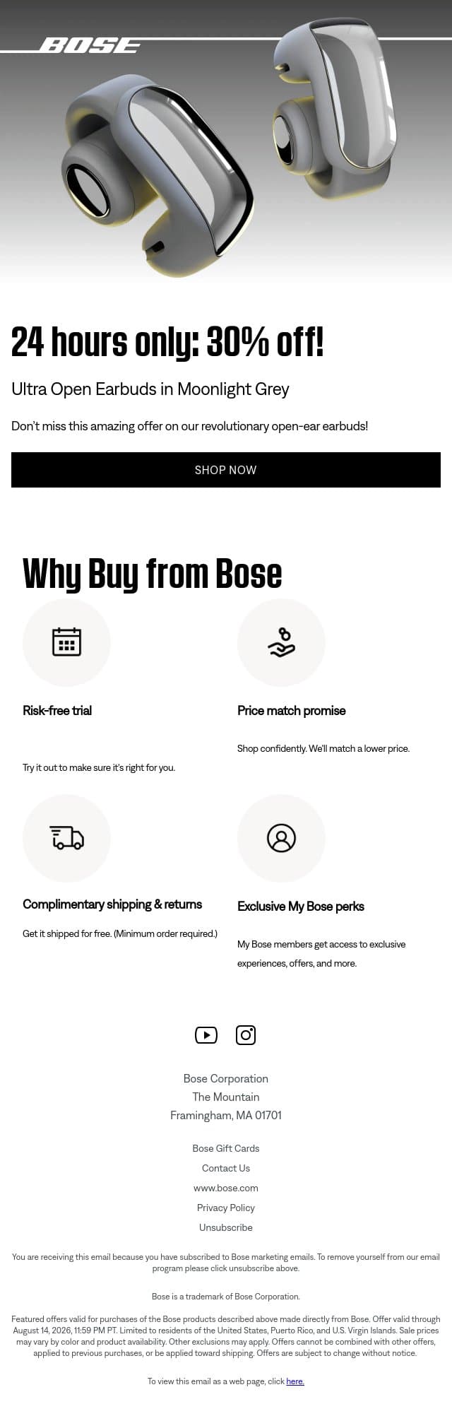 24 HOURS ONLY: 30% off Ultra Open Earbuds! email from Bose screenshot