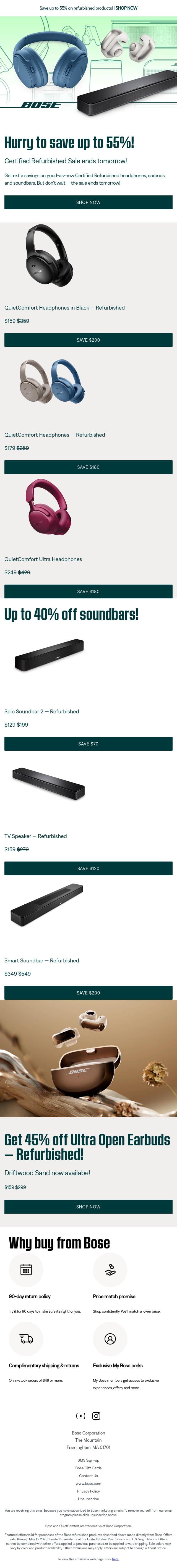 ENDS TOMORROW: up to 55% off refurbished products! email from Bose screenshot