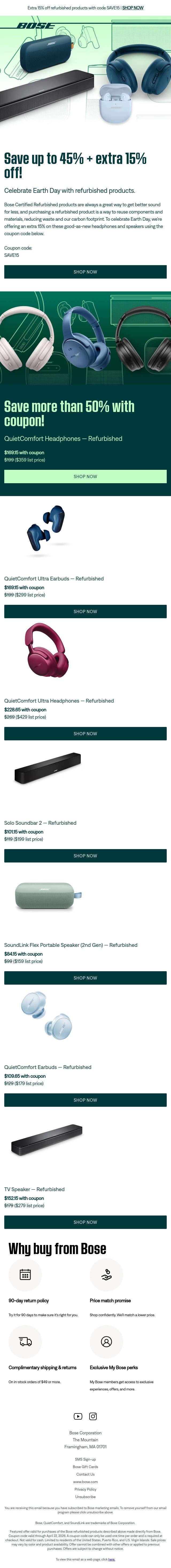 Save up to 45% + an extra 15% on refurbs! email from Bose screenshot