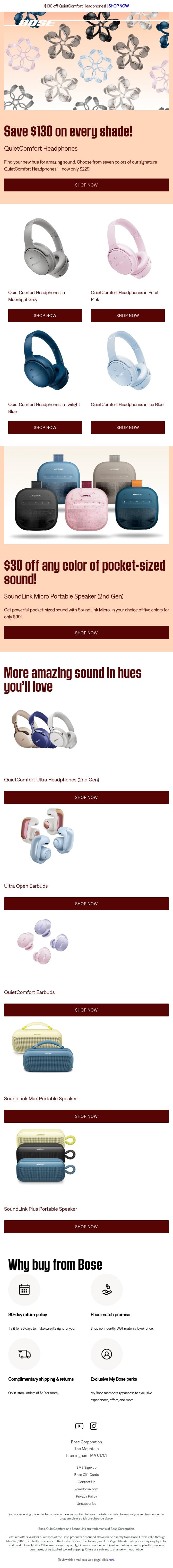 $130 off your new hue of QuietComfort Headphones! email from Bose screenshot