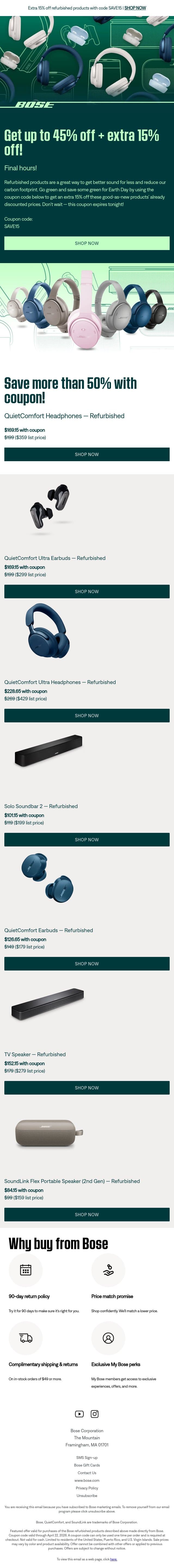 Final hours to get up to 45% off + extra 15% off! email from Bose screenshot