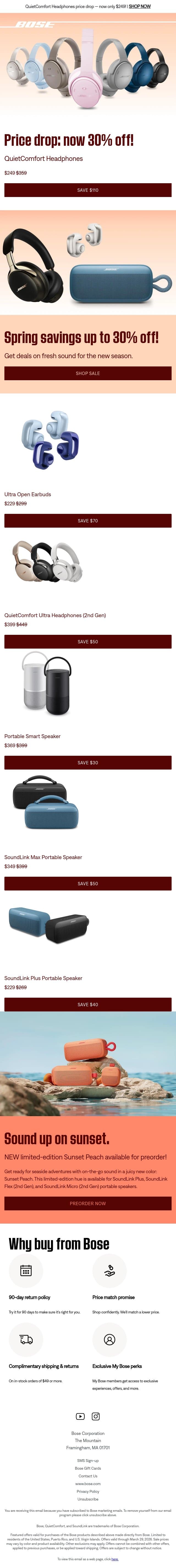 PRICE DROP: $110 off of QuietComfort Headphones! email from Bose screenshot