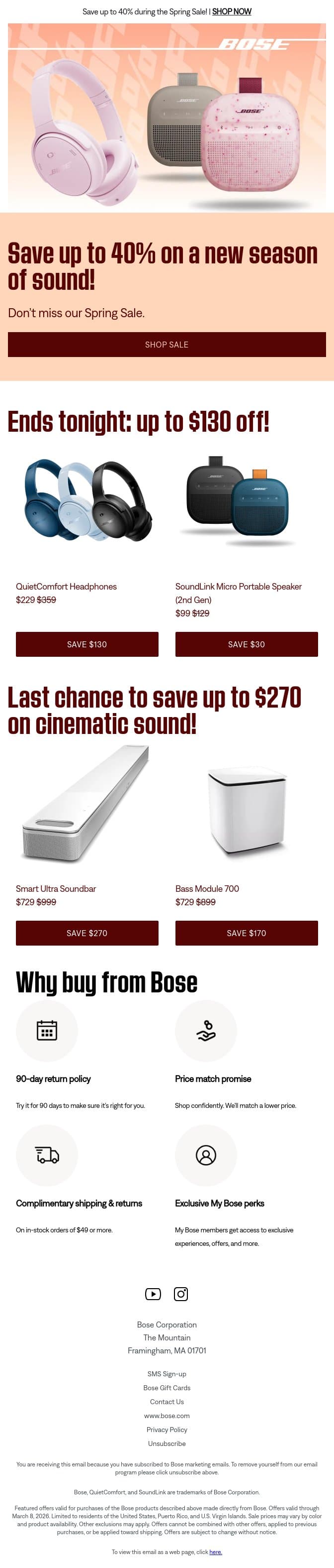 Save up to $270 before these deals end tonight! email from Bose screenshot