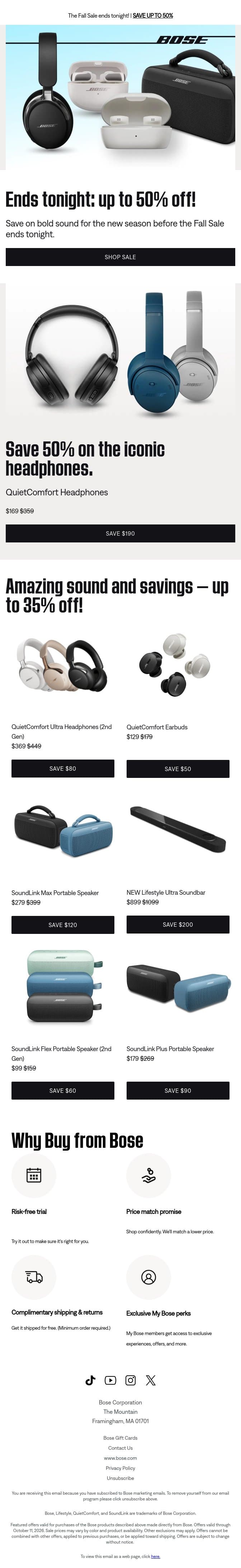 ⏰ ENDS TONIGHT: save up to 50%! email from Bose screenshot