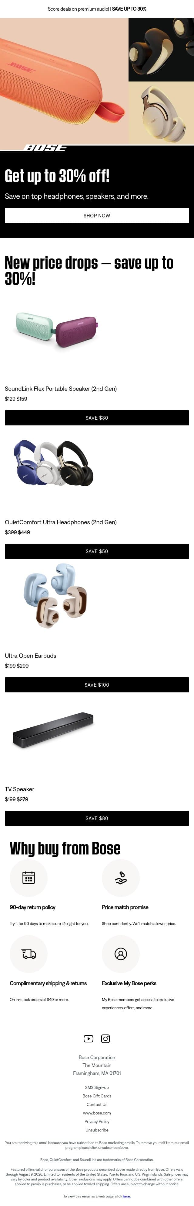 New deals up to 30% off + new colors on sale! email from Bose screenshot