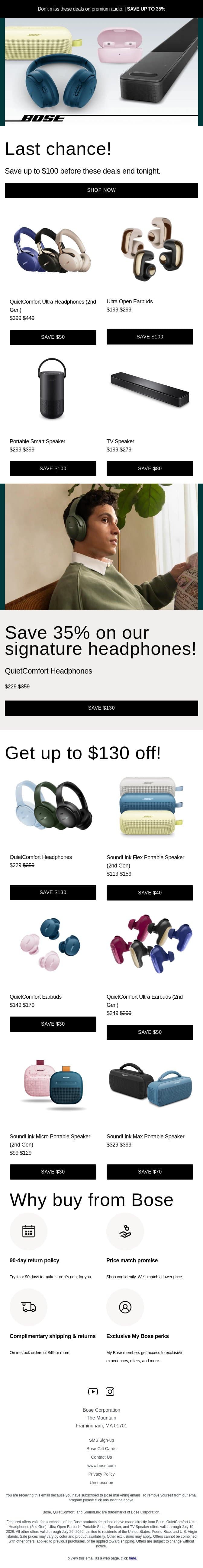 Deals ending tonight! Save up to $100! email from Bose screenshot