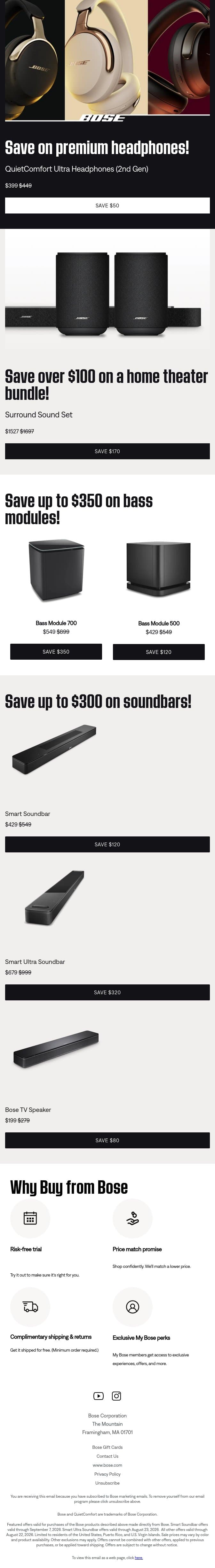 Save up to 35% on home theater and QC Ultra Headphones (2nd Gen)! email from Bose screenshot