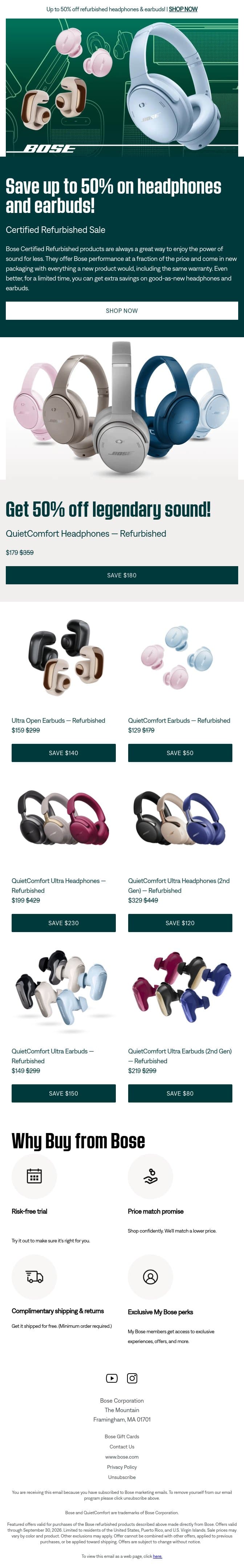 Get up to 50% off refurbished headphones & earbuds! email from Bose screenshot
