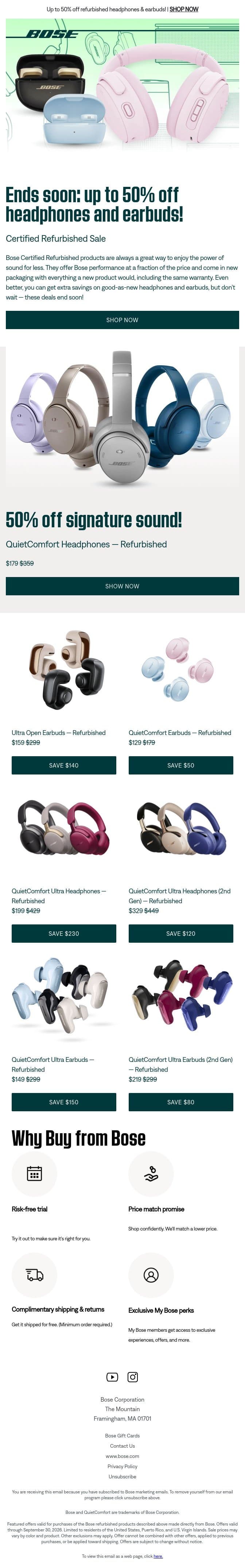 Up to 50% off refurbished headphones & earbuds ends soon! email from Bose screenshot