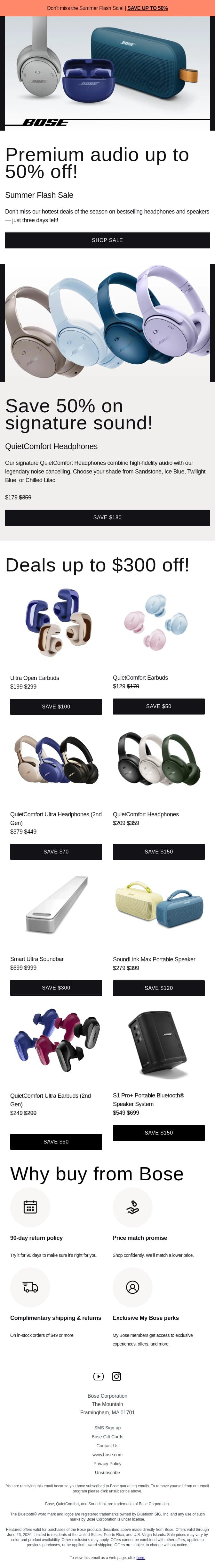 Save up to 50% + get free shipping & returns! email from Bose screenshot