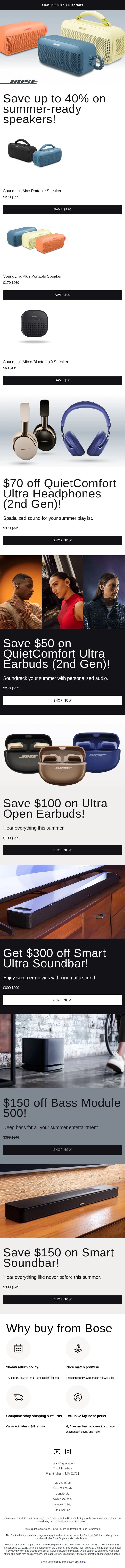 Just dropped: 40% off summer-ready speakers! email from Bose screenshot