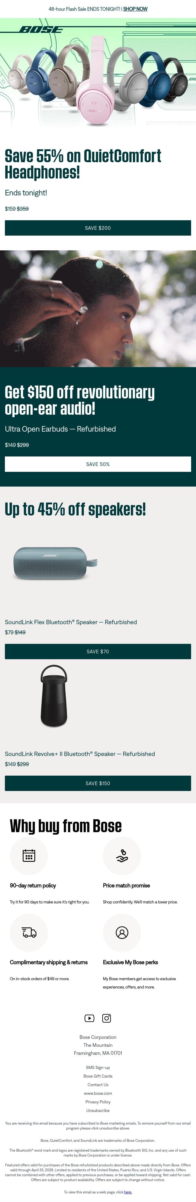 ENDS TONIGHT! Up 55% off refurbished products! email from Bose screenshot