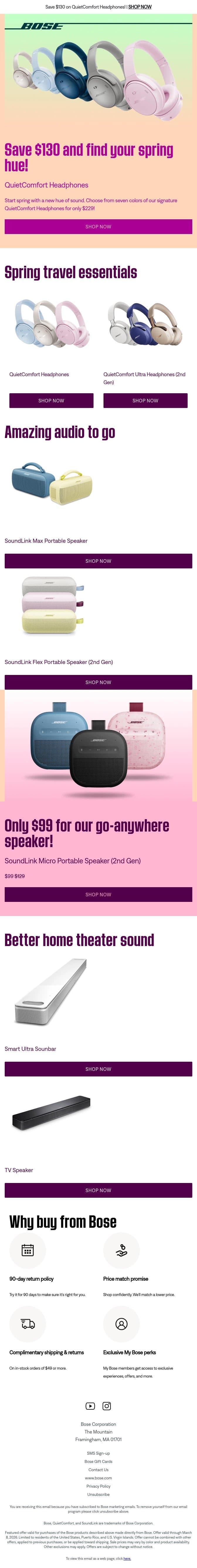 Save $130 on QuietComfort Headphones for spring! email from Bose screenshot