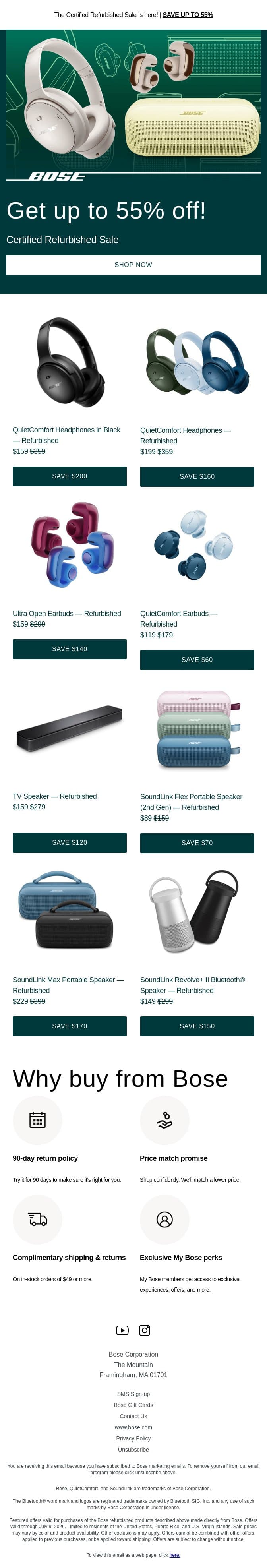 Save up to 55% on refurbished products! email from Bose screenshot