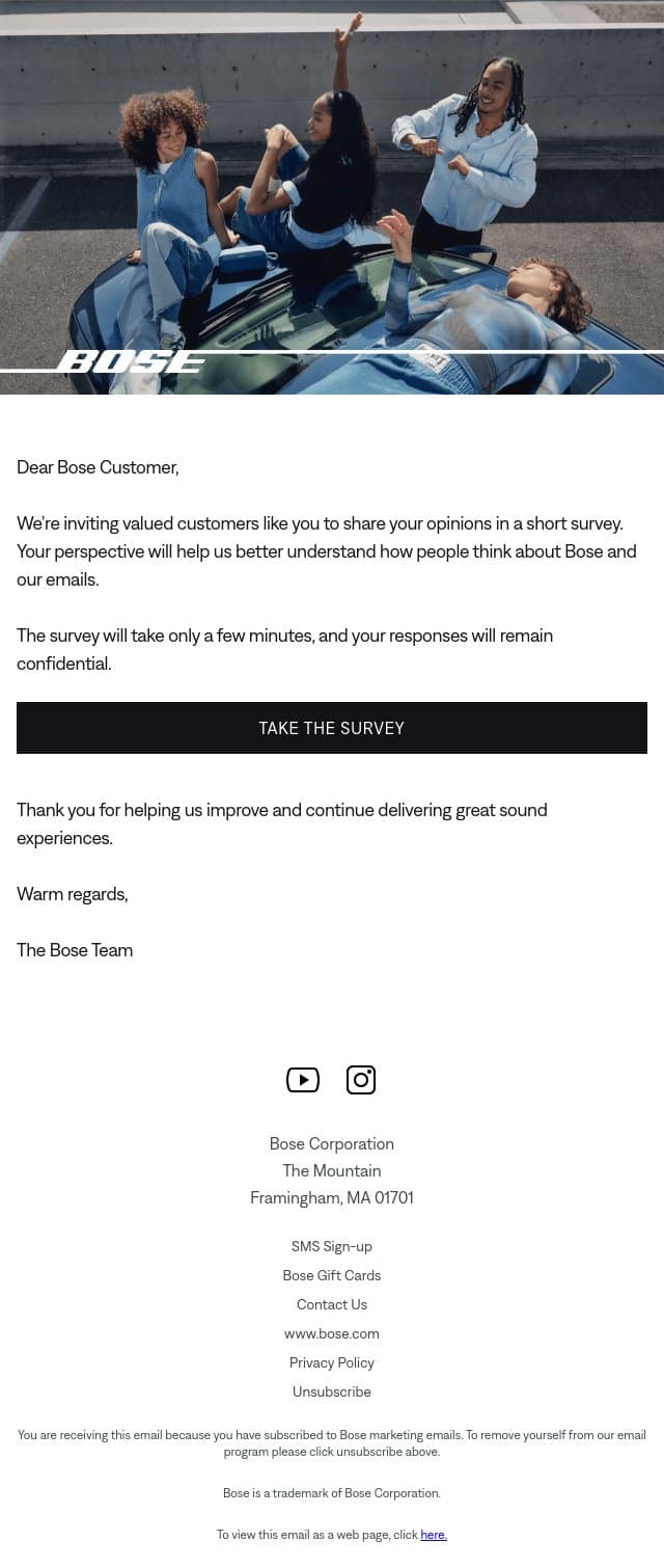 Share your thoughts to help shape the future of Bose. email from Bose screenshot