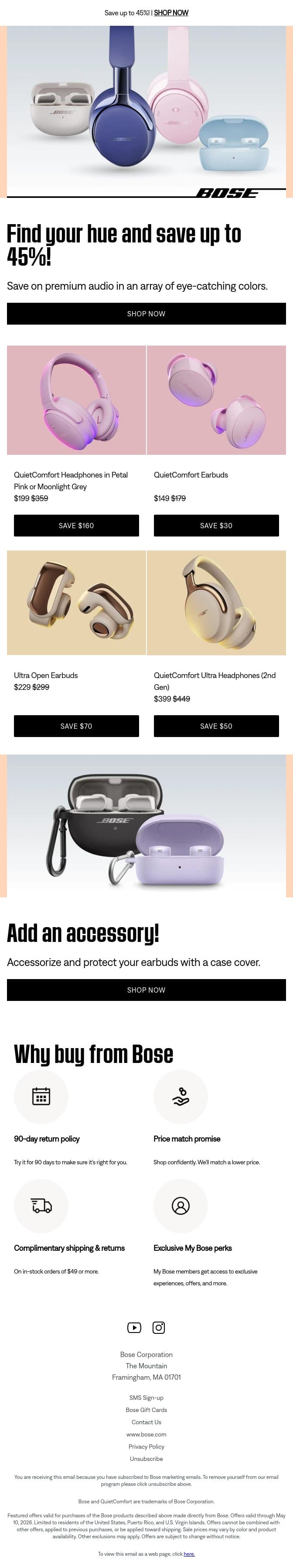 Save up to 45% on a new hue of sound! email from Bose screenshot