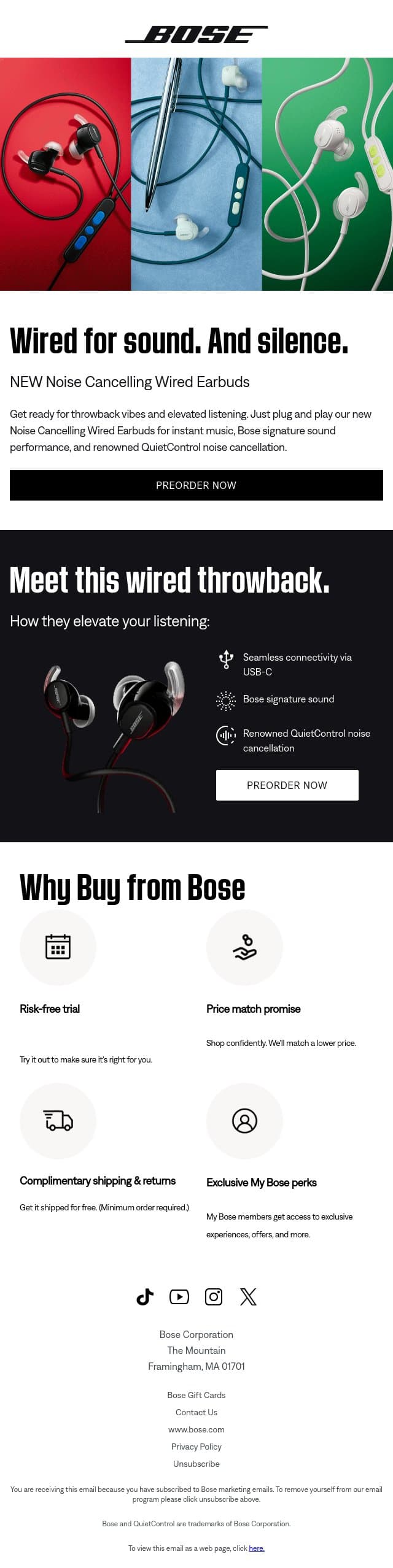 Meet new Noise Cancelling Wired Earbuds. email from Bose screenshot