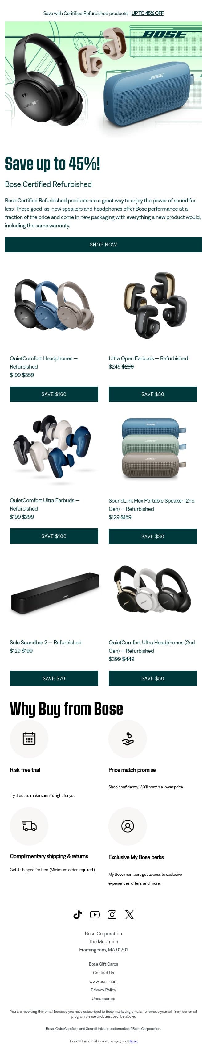 Up to 45% off + free shipping! email from Bose screenshot