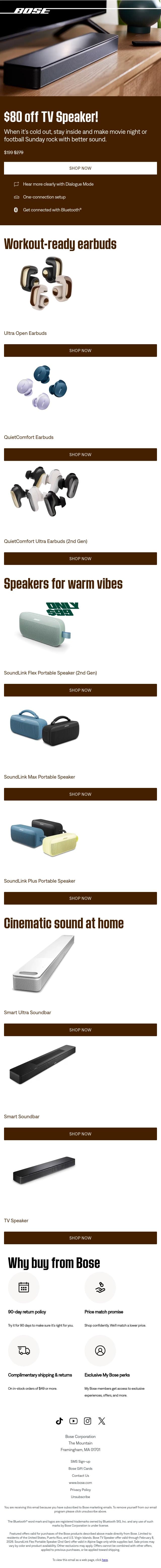 Save $80 — more than 25% — on TV Speaker! email from Bose screenshot