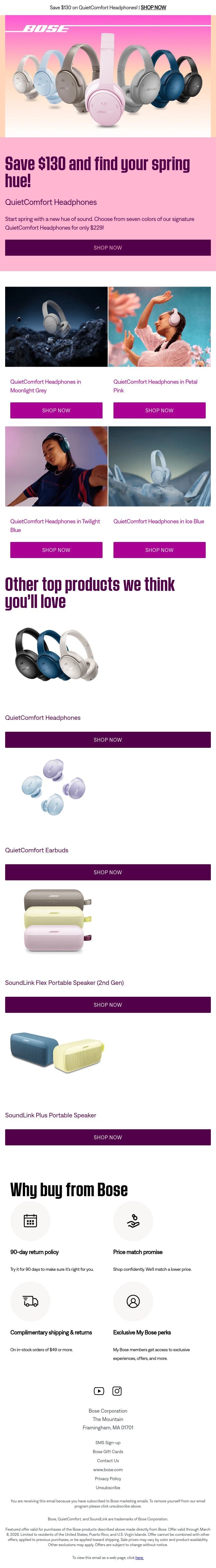 Get $130 off QuietComfort Headphones for spring! email from Bose screenshot
