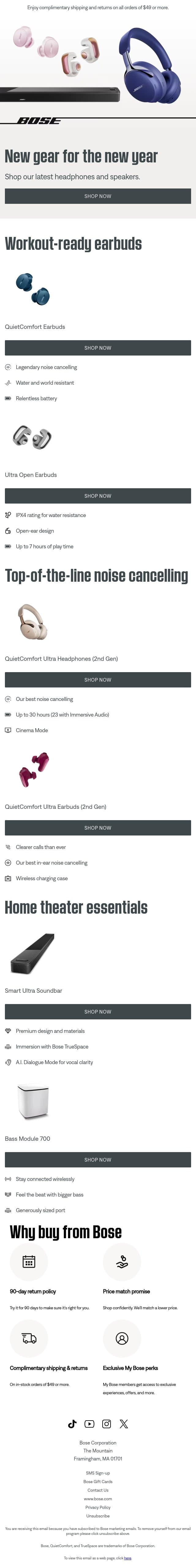 Workout-ready earbuds & more gear for the new year. email from Bose screenshot