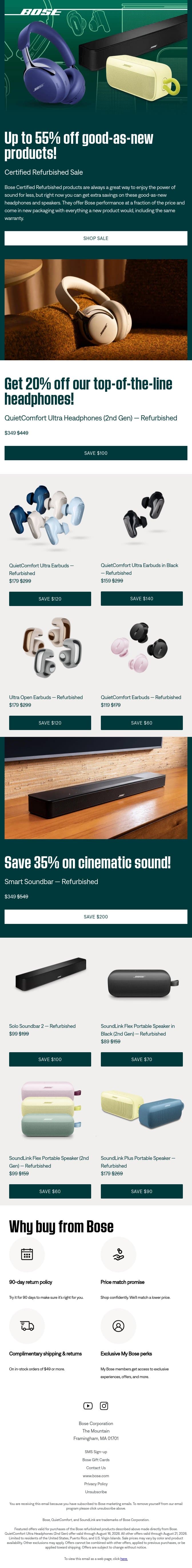 Up to 55% off refurbished headphones & speakers! email from Bose screenshot