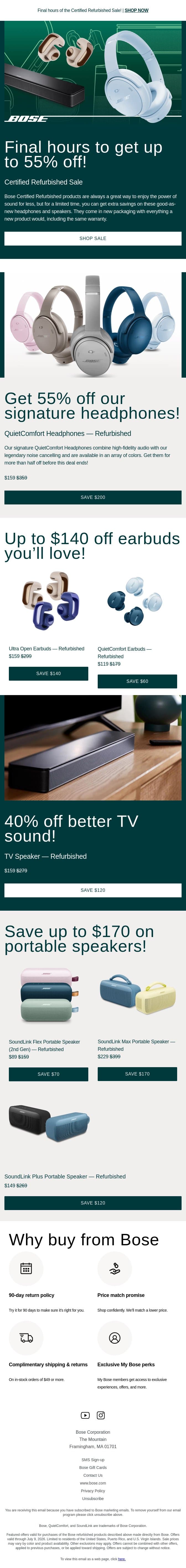 Final hours to save up to 55%! email from Bose screenshot