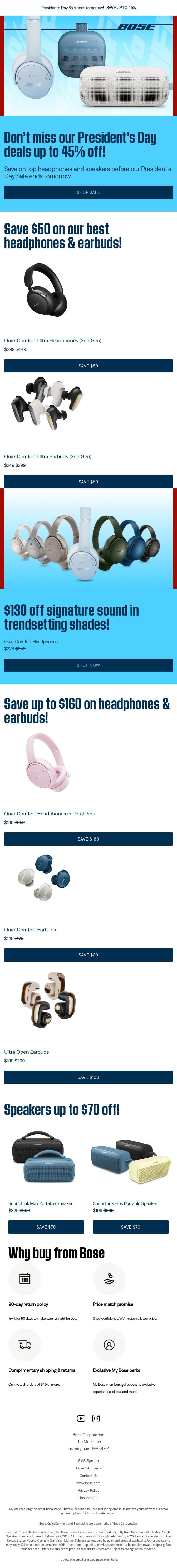 Save up to 45% off before our sale ends tomorrow! email from Bose screenshot