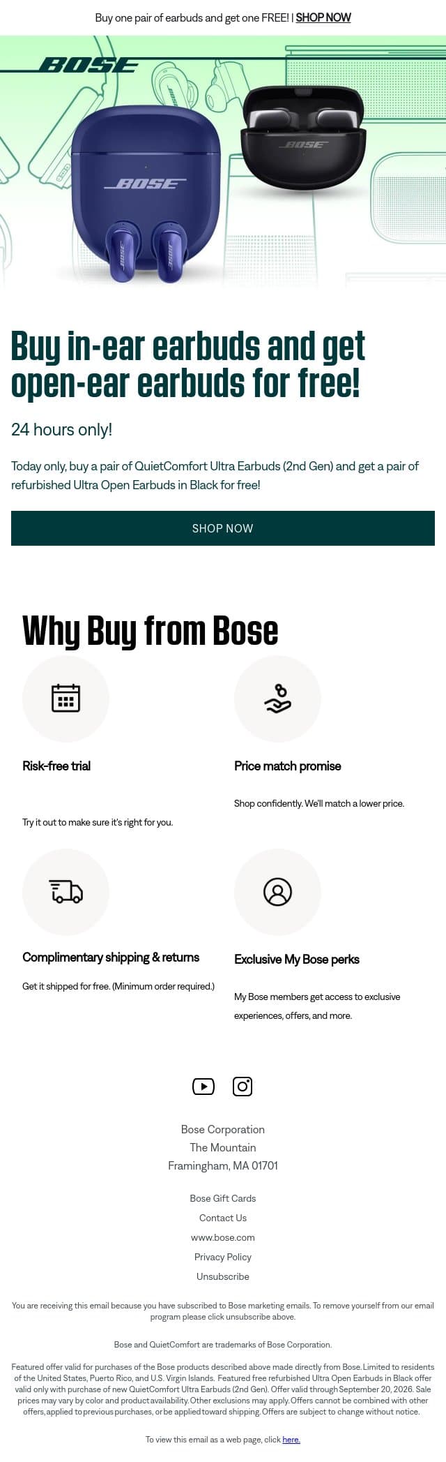 TODAY ONLY: Buy one pair of earbuds & get one FREE email from Bose screenshot