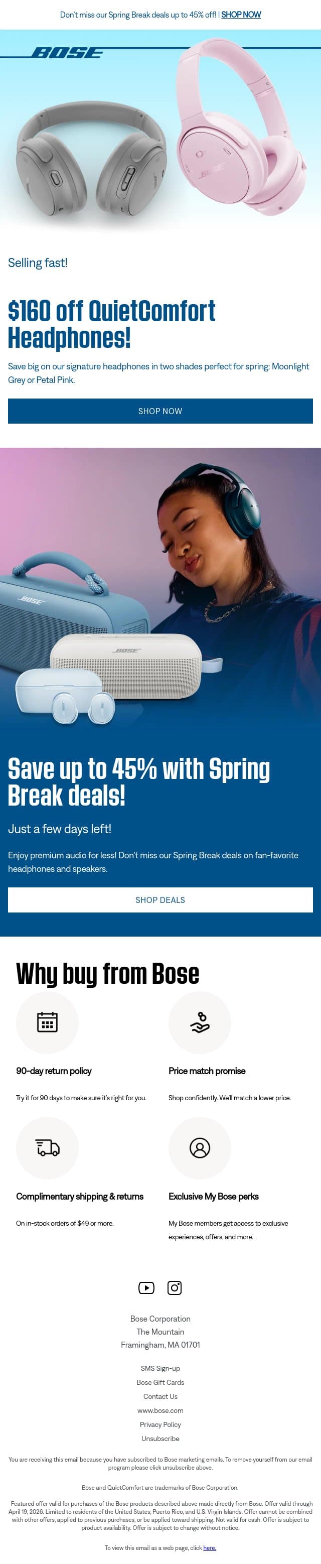 Get $160 off QuietComfort Headphones and more! email from Bose screenshot